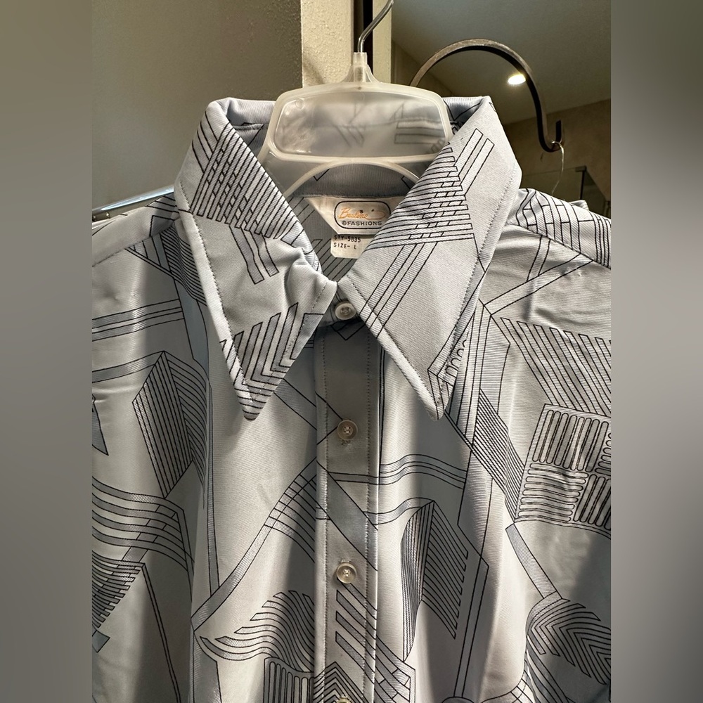 Brand New Vintage Beeline Fashions Men's Blue Geometric Patterned Shirt Sz L - Picture 9 of 16